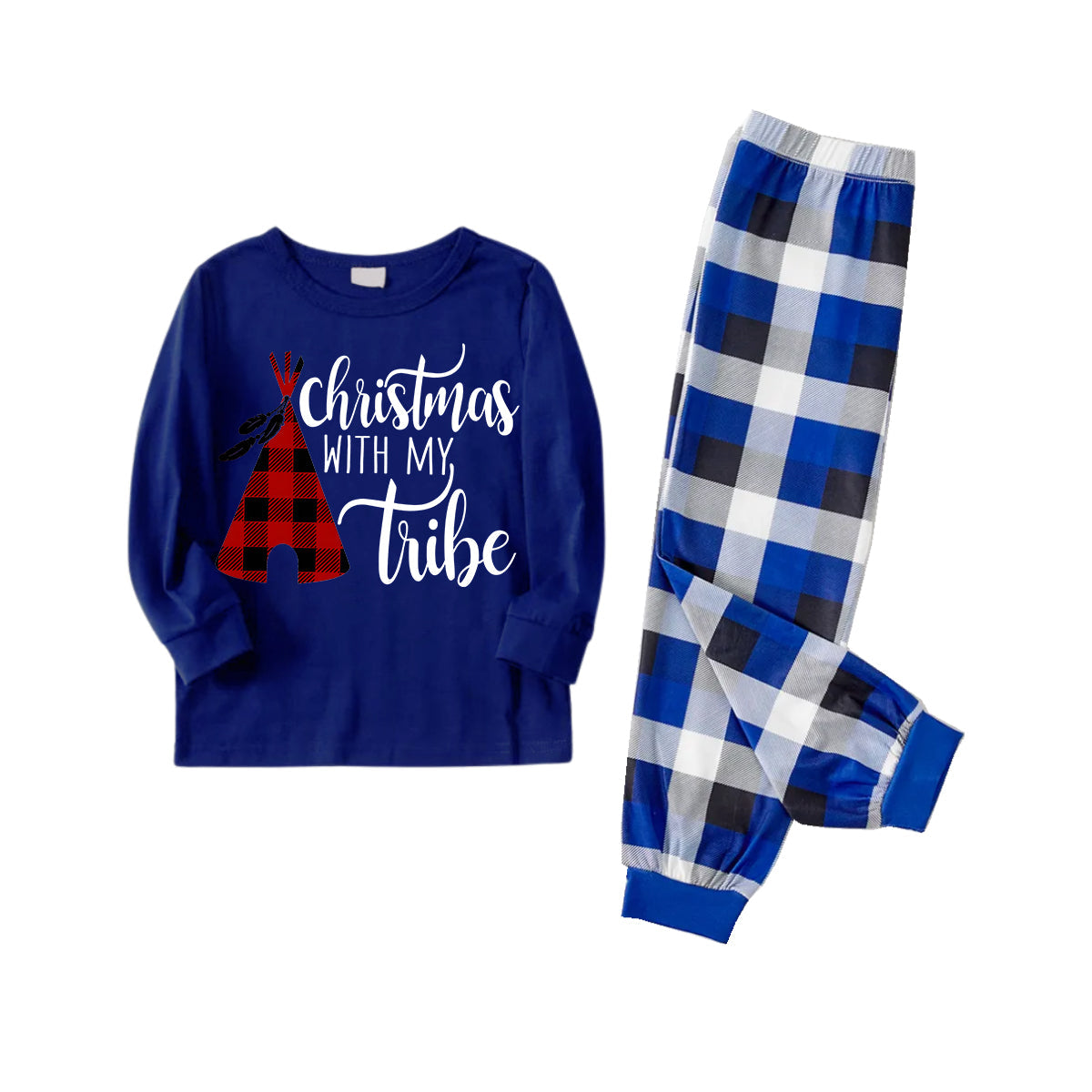 "Christmas With My Tribe" Pattern Blue Long Sleeves with Blue&White&Black Plaid Pants Family Matching Pajamas