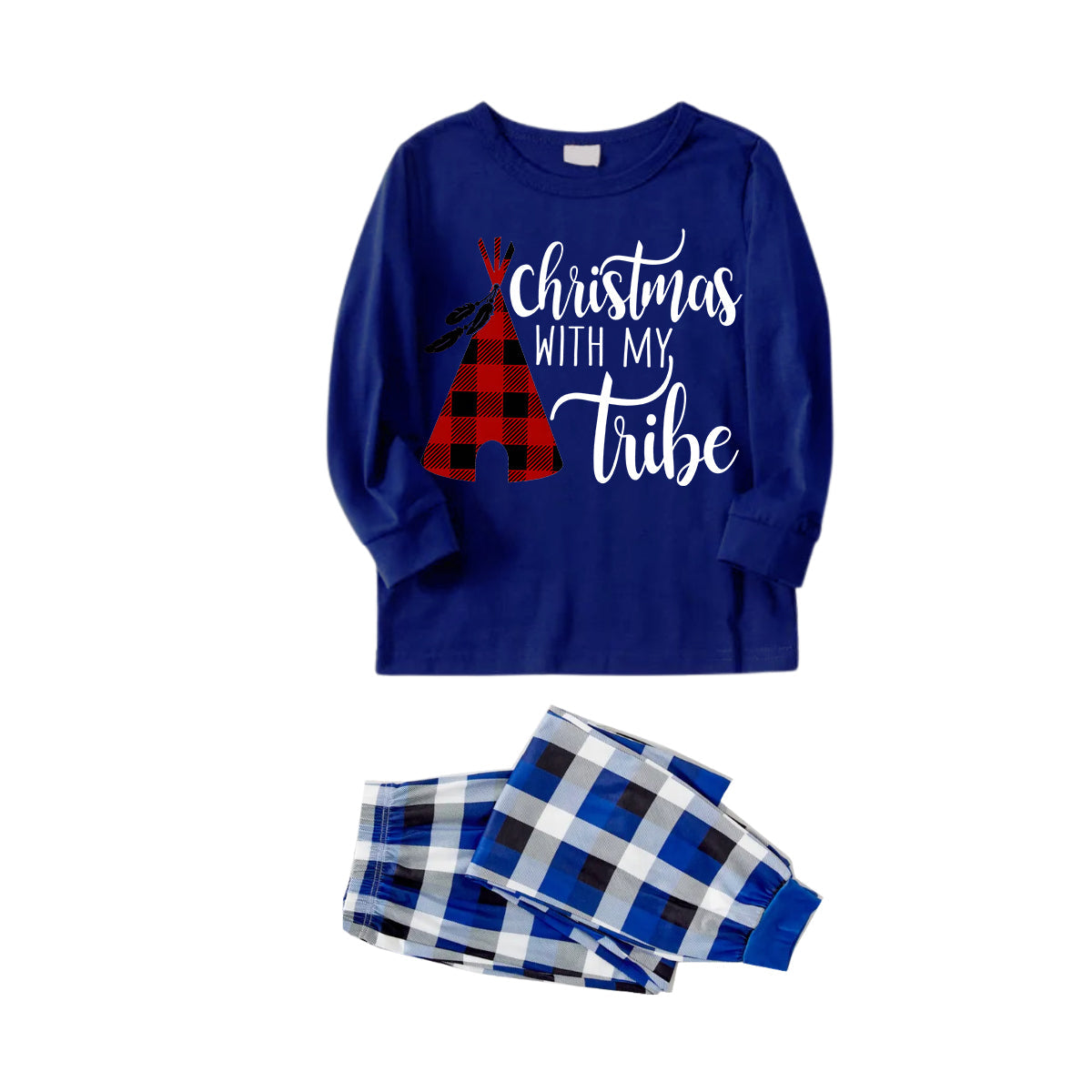 "Christmas With My Tribe" Pattern Blue Long Sleeves with Blue&White&Black Plaid Pants Family Matching Pajamas