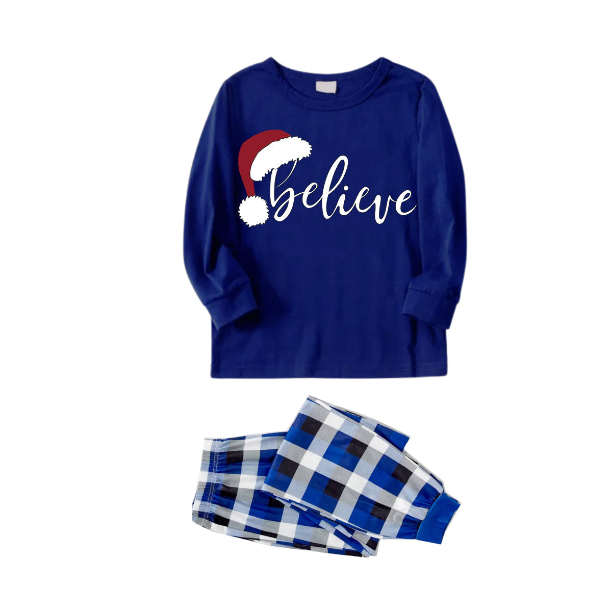 Stylish White Letter Print "Believe" Blue Long Sleeves with Blue&White&Black Plaid Pants Family Matching Pajamas