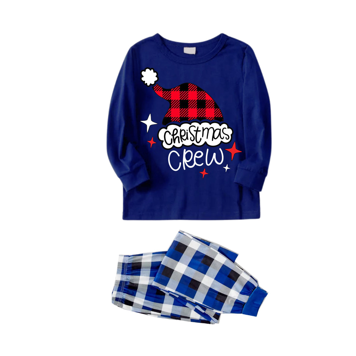 Plaid Santa Hat Pattern Blue Long Sleeves with Blue&White&Black Plaid Pants Family Matching Pajamas