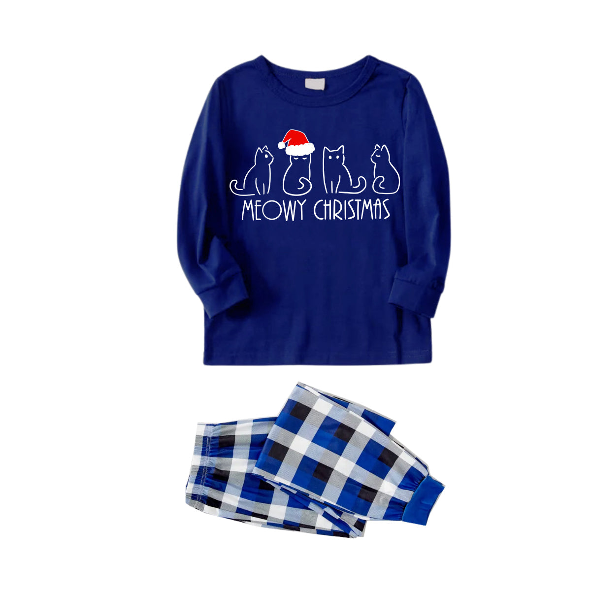 White Cute Head Christmas Hat Cat Pattern Blue Long Sleeves with Blue&White&Black Plaid Pants Family Matching Pajamas