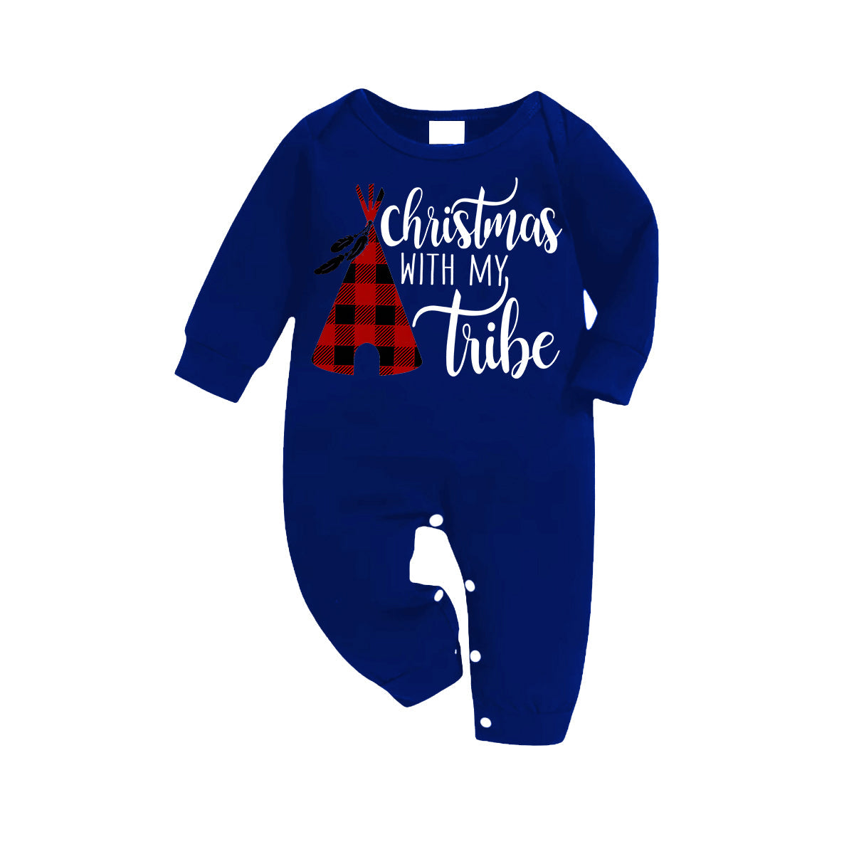 "Christmas With My Tribe" Pattern Blue Long Sleeves with Blue&White&Black Plaid Pants Family Matching Pajamas