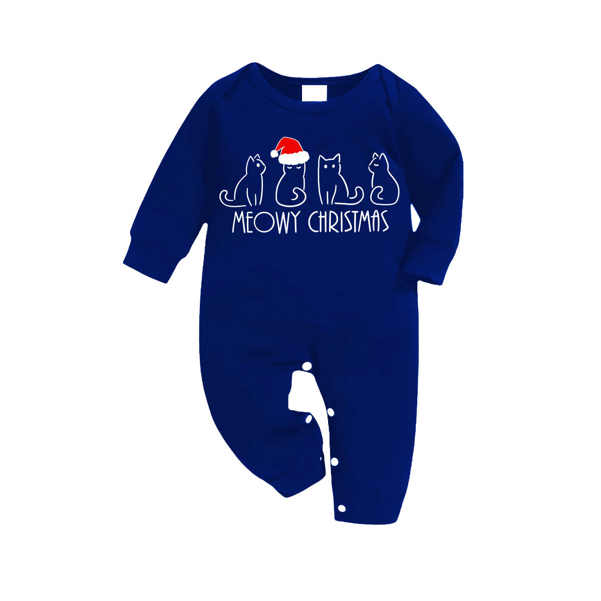 White Cute Head Christmas Hat Cat Pattern Blue Long Sleeves with Blue&White&Black Plaid Pants Family Matching Pajamas