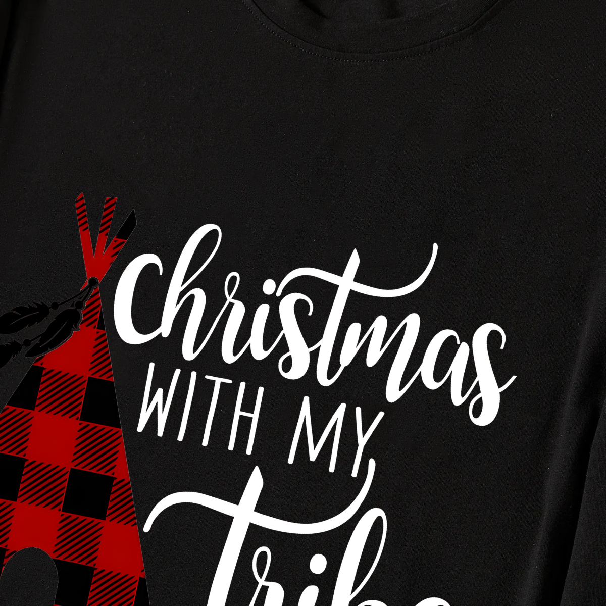Christmas Text Print Black Long Sleeve Top with Red & White & Green Plaid Family Matching Pajamas