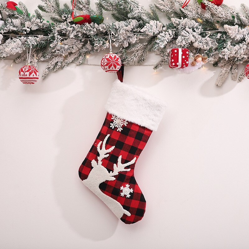 Christmas Cute Elk Snow Stocking Gift Bags Red & Black Plaid