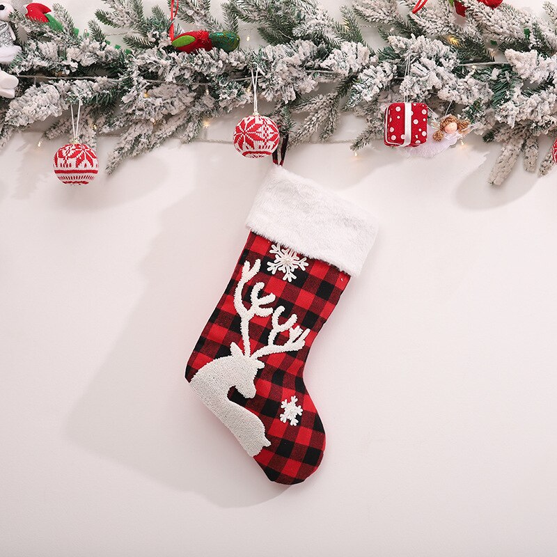 Christmas Cute Elk Snow Stocking Gift Bags Red & Black Plaid
