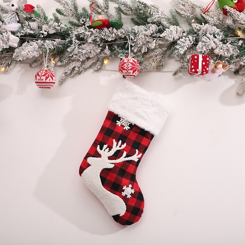 Christmas Cute Elk Snow Stocking Gift Bags Red & Black Plaid