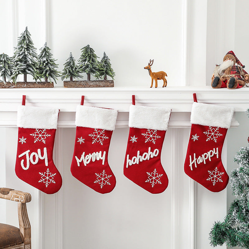 Christmas Party Decorations Letter Snowflake Embroidered Red Plush Christmas Socks Gift Bags