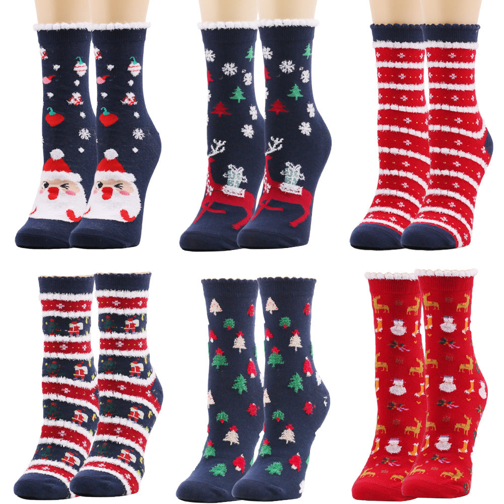 Christmas Snowflake Elk Santa Claus Tree Gift Striped Medium Tube Socks 3/6Pairs