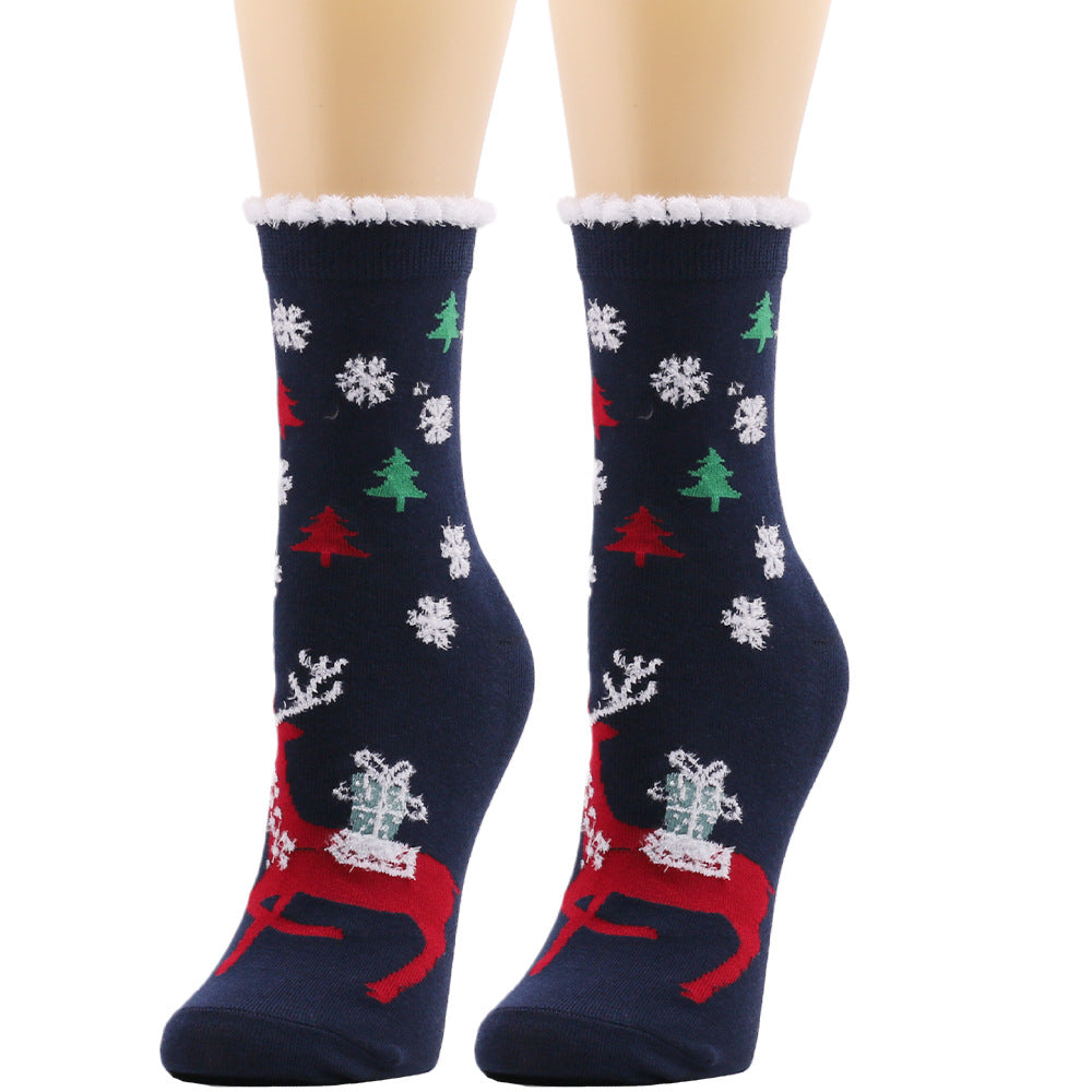 Christmas Snowflake Elk Santa Claus Tree Gift Striped Medium Tube Socks 3/6Pairs
