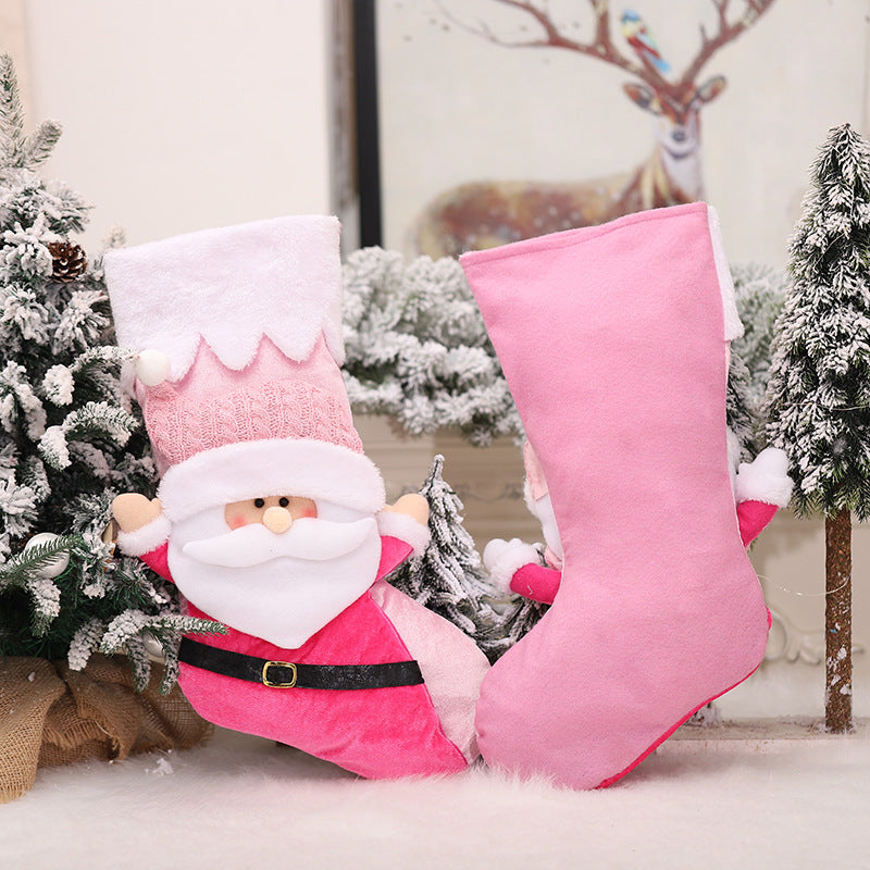 Christmas Home Decoration 3D Snowman Santa Claus Doll Pink Christmas Socks Candy Bags