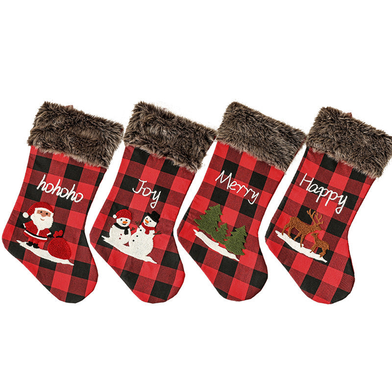 Christmas Decorations Letter Pattern Embroidered Red and Black Plaid Christmas Socks Gift Bag