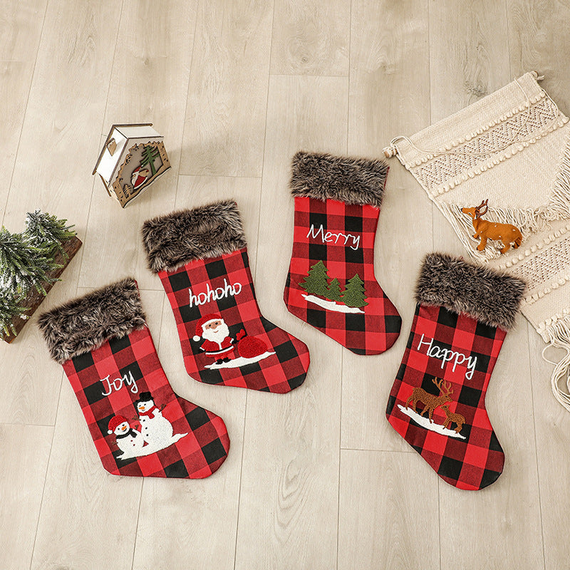 Christmas Decorations Letter Pattern Embroidered Red and Black Plaid Christmas Socks Gift Bag