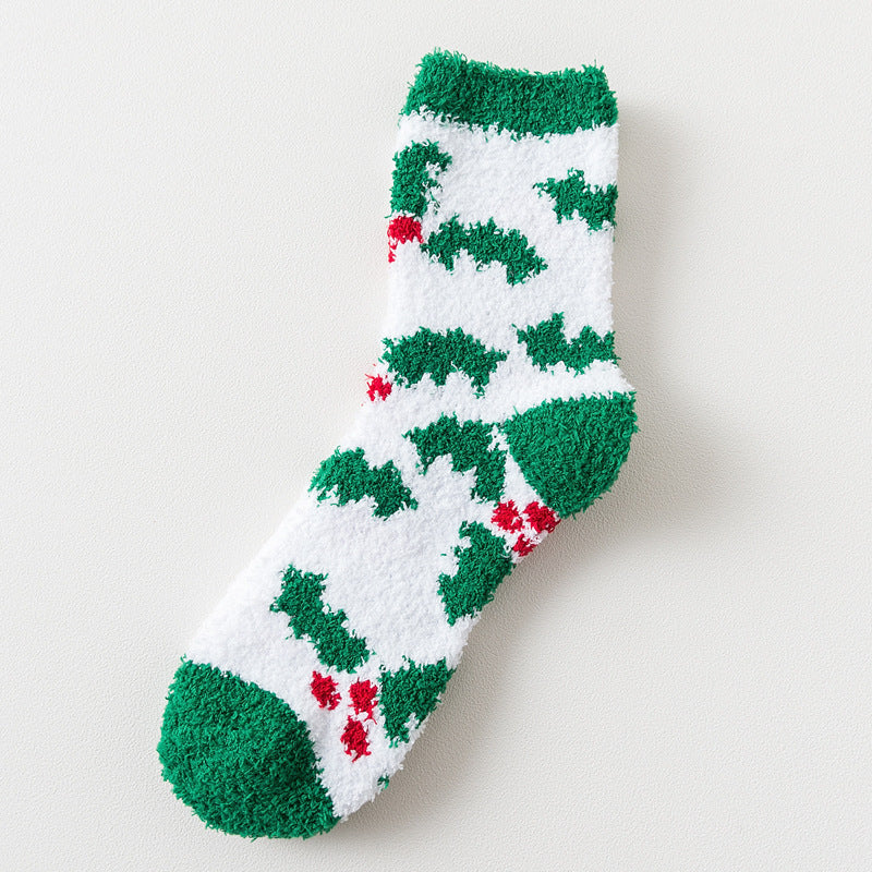 Elk Santa Snowman Snowflake Tree Striped Belt Print Christmas Socks Fall Winter Ladies Thick Coral Velvet Socks 2 Pairs