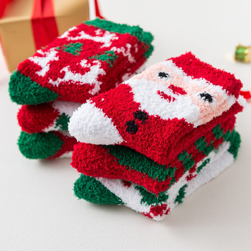 Elk Santa Snowman Snowflake Tree Striped Belt Print Christmas Socks Fall Winter Ladies Thick Coral Velvet Socks 2 Pairs