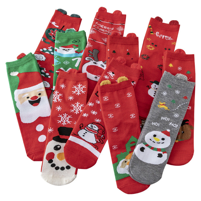 HO HO HO Christmas Striped Elk Tree Gift Santa Claus Snowman Cute Ears Cotton Tube Socks 5Pairs