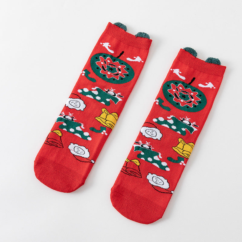 HO HO HO Christmas Striped Elk Tree Gift Santa Claus Snowman Cute Ears Cotton Tube Socks 5Pairs