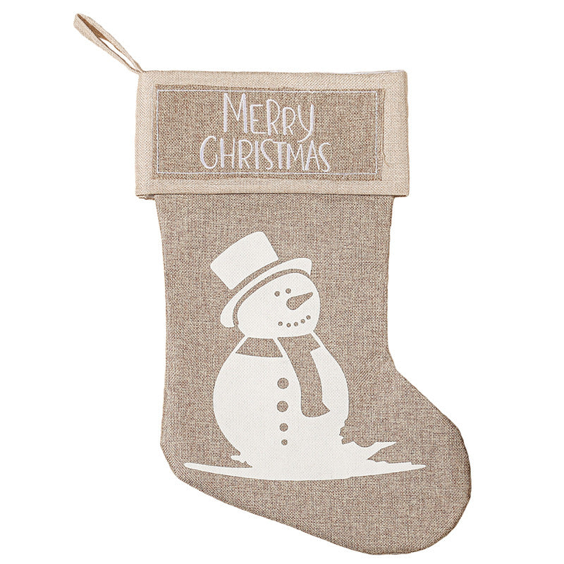 Merry Christmas Santa Snowman Elk House Printed Khaki Linen Christmas Socks Gift Bag Home Decoration