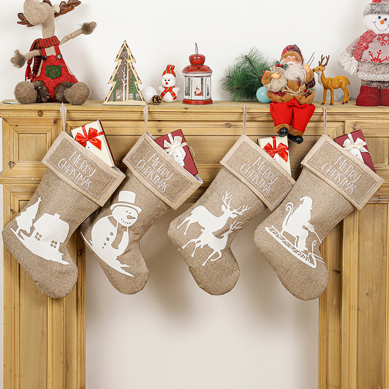 Merry Christmas Santa Snowman Elk House Printed Khaki Linen Christmas Socks Gift Bag Home Decoration