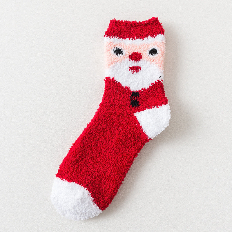 Elk Santa Snowman Snowflake Tree Striped Belt Print Christmas Socks Fall Winter Ladies Thick Coral Velvet Socks 2 Pairs