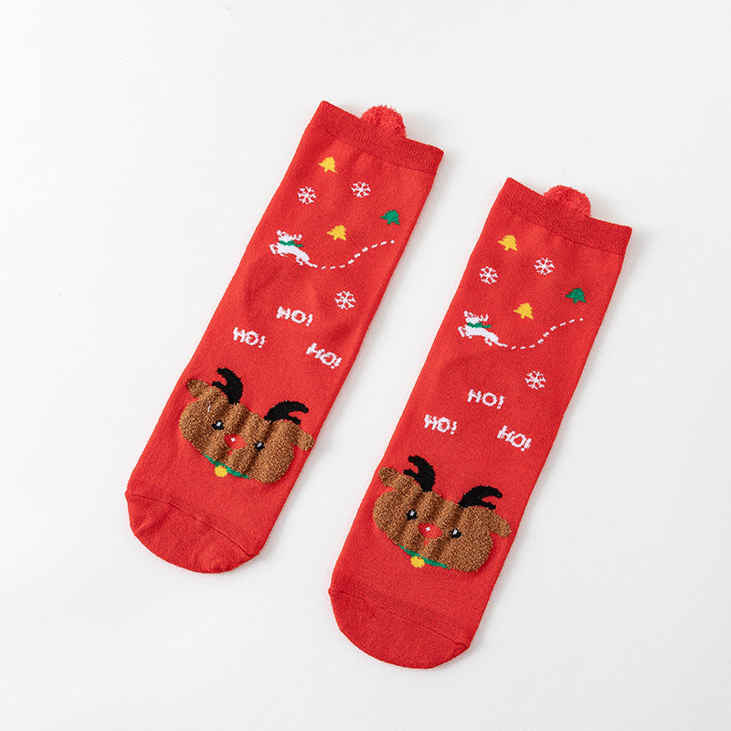 HO HO HO Christmas Striped Elk Tree Gift Santa Claus Snowman Cute Ears Cotton Tube Socks 5Pairs