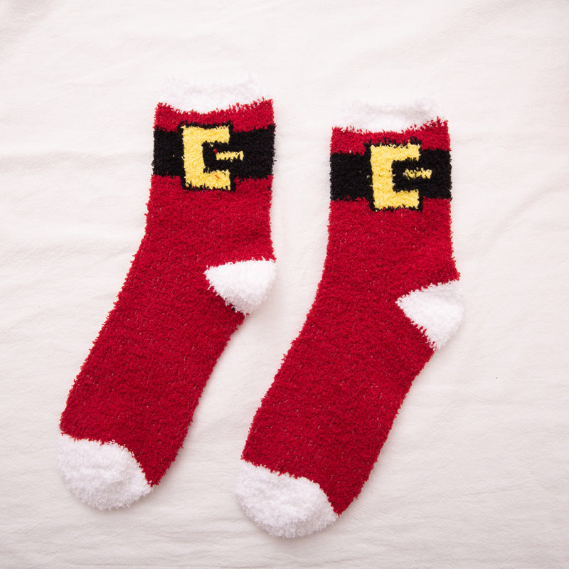Elk Santa Snowman Snowflake Tree Striped Belt Print Christmas Socks Fall Winter Ladies Thick Coral Velvet Socks 2 Pairs