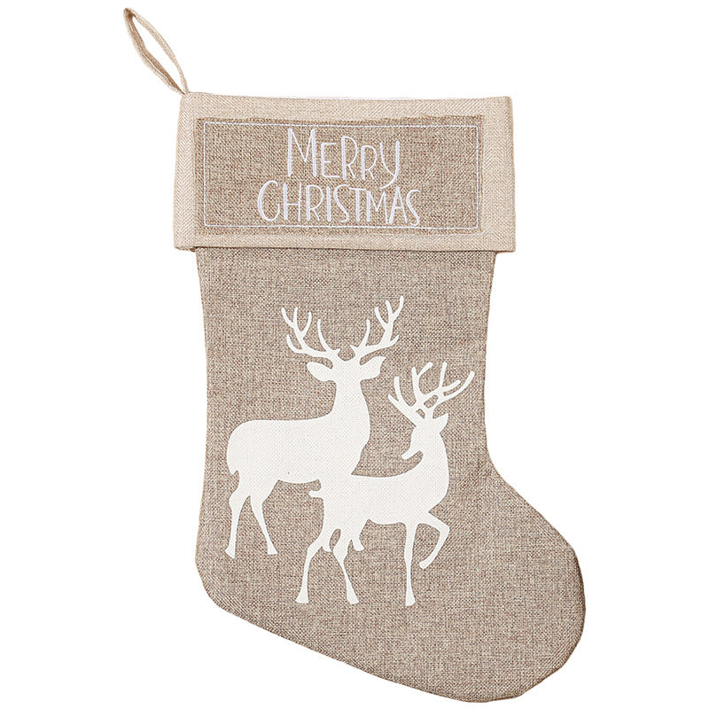 Merry Christmas Santa Snowman Elk House Printed Khaki Linen Christmas Socks Gift Bag Home Decoration
