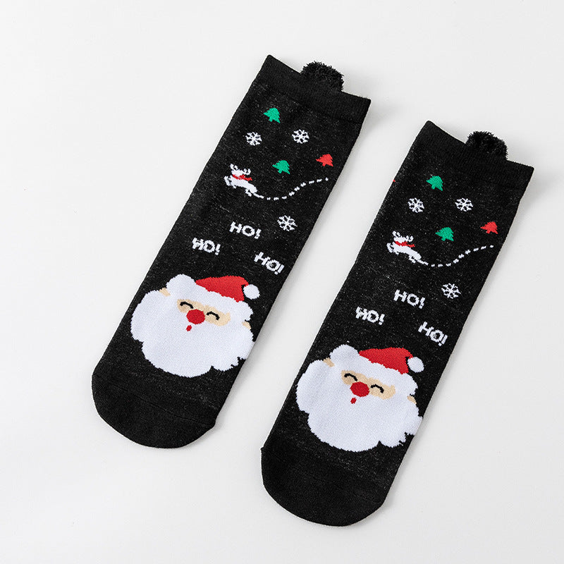 HO HO HO Christmas Striped Elk Tree Gift Santa Claus Snowman Cute Ears Cotton Tube Socks 5Pairs