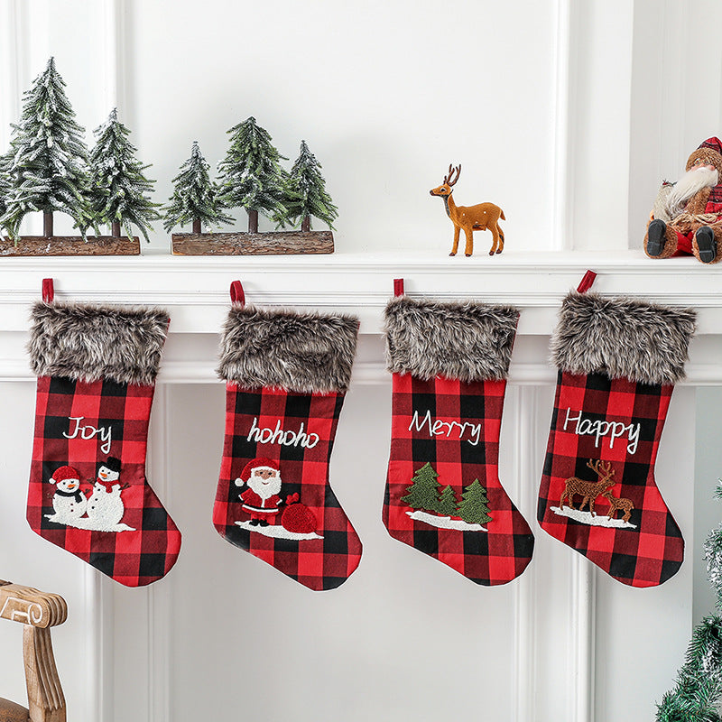 Christmas Decorations Letter Pattern Embroidered Red and Black Plaid Christmas Socks Gift Bag