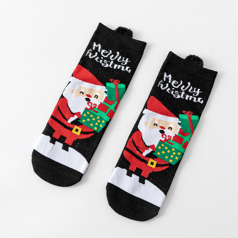 HO HO HO Christmas Striped Elk Tree Gift Santa Claus Snowman Cute Ears Cotton Tube Socks 5Pairs