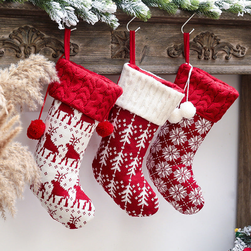 Christmas Home Decoration Knitted Christmas Socks with Double Ball Candy Bag