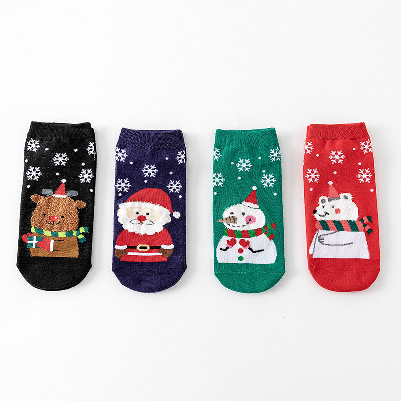 Christmas Ladies Cartoon Elk Santa Snowman Polar Bear Snowflake Polka Dot Cotton Socks 4 Pairs