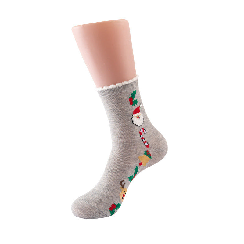 Women Christmas Socks Cartoon Santa Claus Cotton Socks 5 Pairs