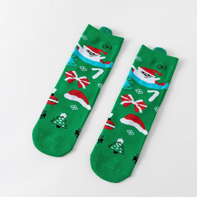 HO HO HO Christmas Striped Elk Tree Gift Santa Claus Snowman Cute Ears Cotton Tube Socks 5Pairs