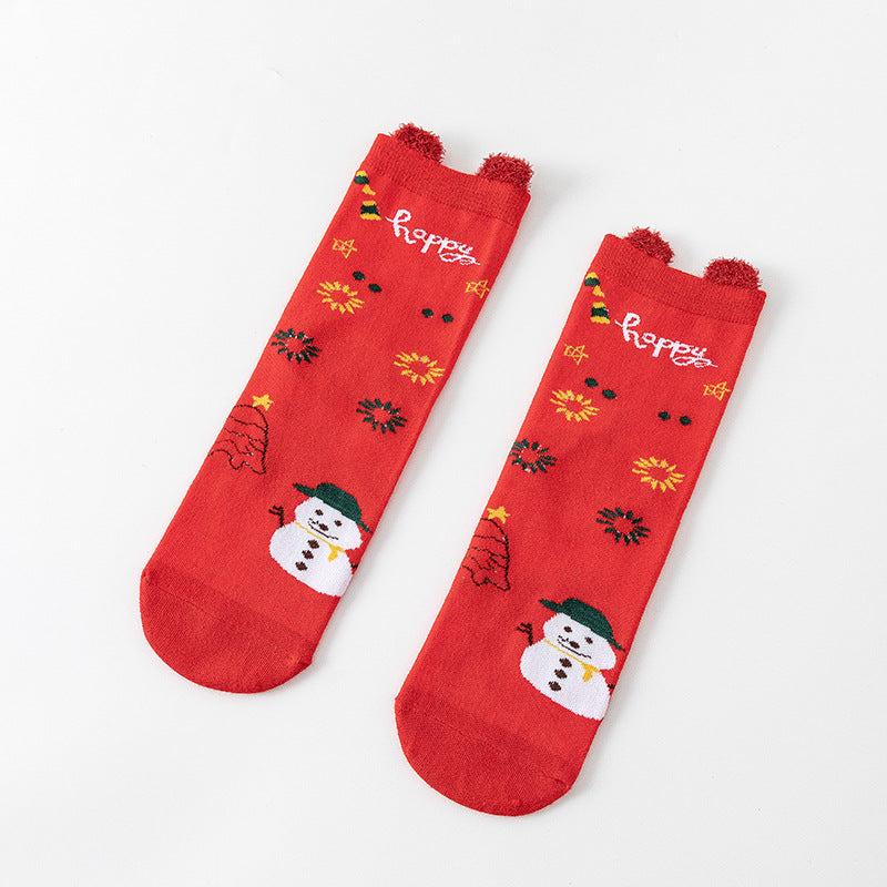 HO HO HO Christmas Striped Elk Tree Gift Santa Claus Snowman Cute Ears Cotton Tube Socks 5Pairs