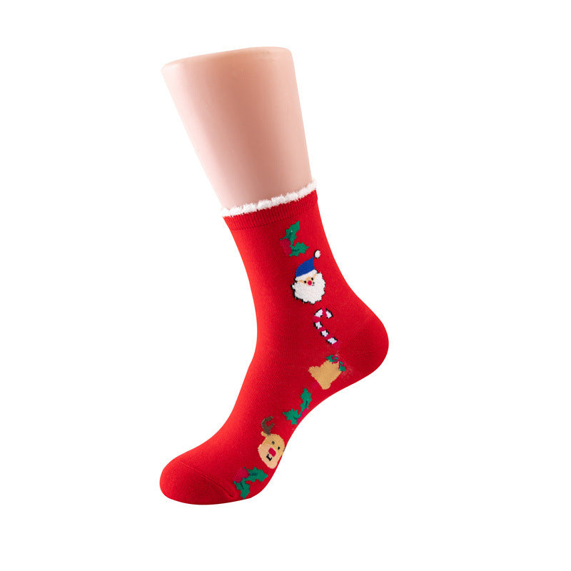 Women Christmas Socks Cartoon Santa Claus Cotton Socks 5 Pairs