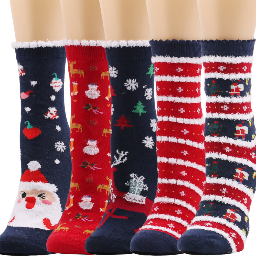 Christmas Snowflake Elk Santa Claus Tree Gift Striped Medium Tube Socks 3/6Pairs
