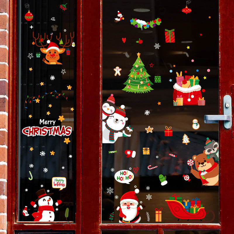 Christmas Cartoon Santa Snowman Penguin Fox Polar Bear Gift Bag Sleigh Electrostatic Wall Window Sticker SKJD2316
