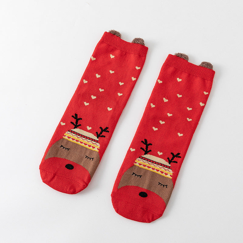 HO HO HO Christmas Striped Elk Tree Gift Santa Claus Snowman Cute Ears Cotton Tube Socks 5Pairs