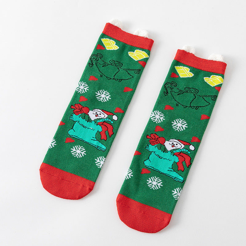 HO HO HO Christmas Striped Elk Tree Gift Santa Claus Snowman Cute Ears Cotton Tube Socks 5Pairs