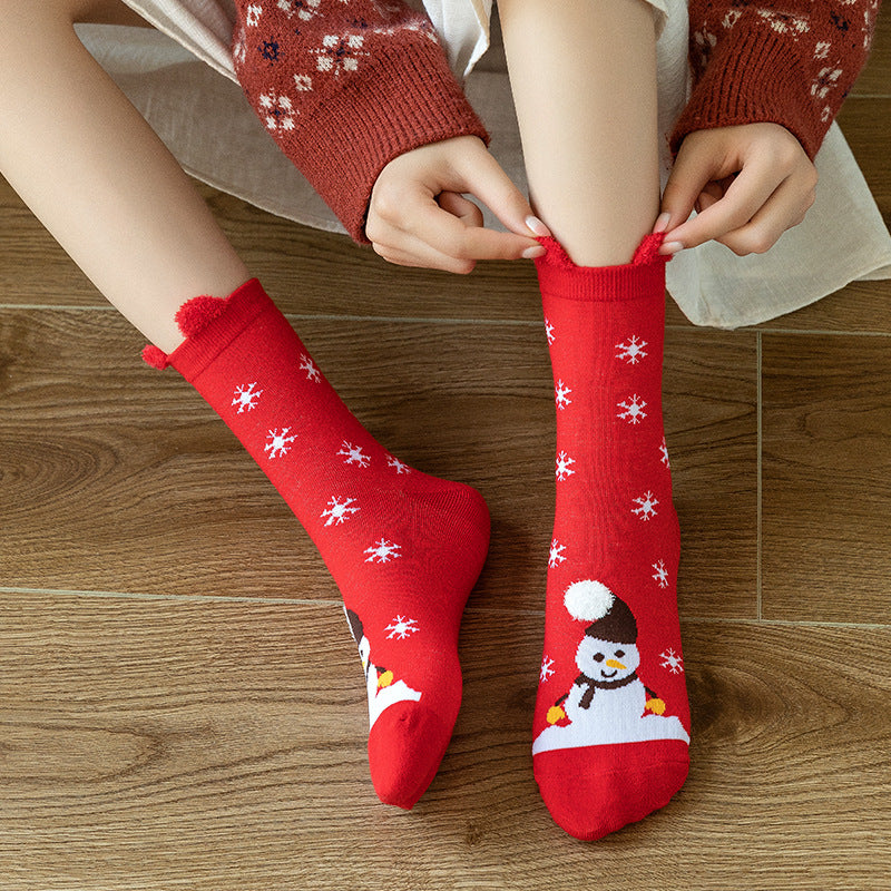 HO HO HO Christmas Striped Elk Tree Gift Santa Claus Snowman Cute Ears Cotton Tube Socks 5Pairs