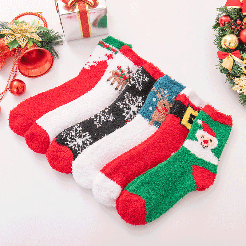 Elk Santa Snowman Snowflake Tree Striped Belt Print Christmas Socks Fall Winter Ladies Thick Coral Velvet Socks 2 Pairs
