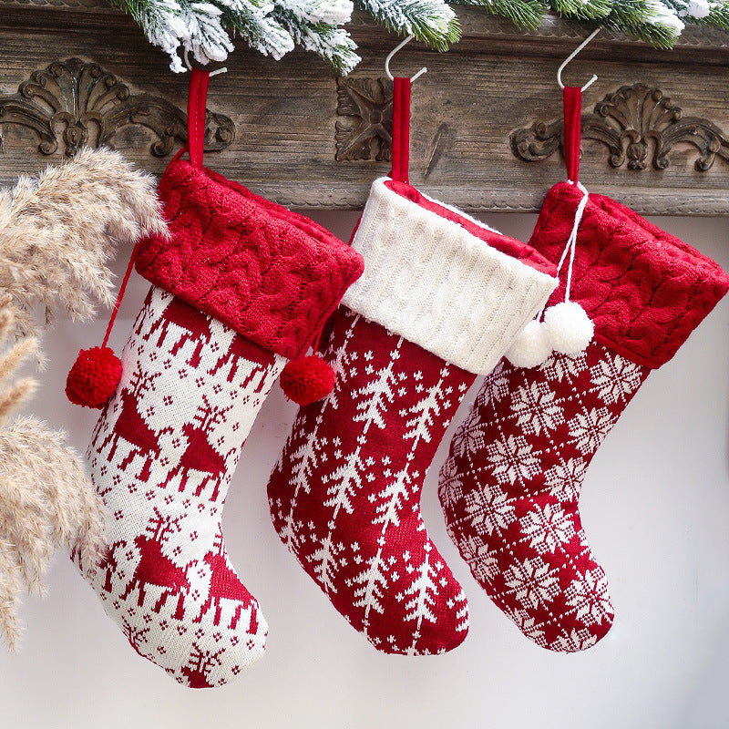Christmas Home Decoration Knitted Christmas Socks with Double Ball Candy Bag