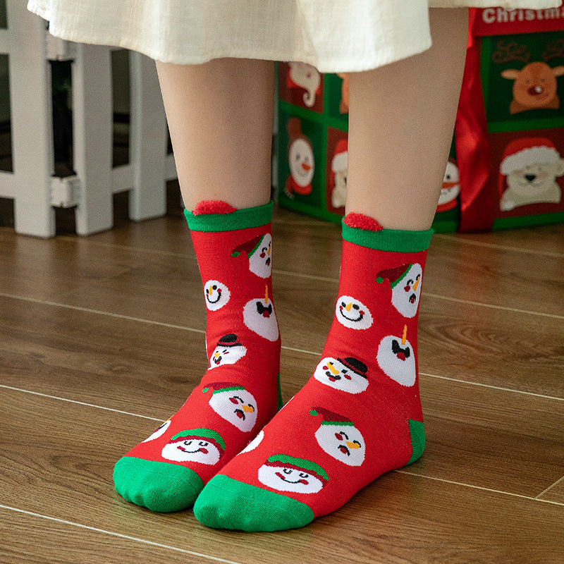 HO HO HO Christmas Striped Elk Tree Gift Santa Claus Snowman Cute Ears Cotton Tube Socks 5Pairs
