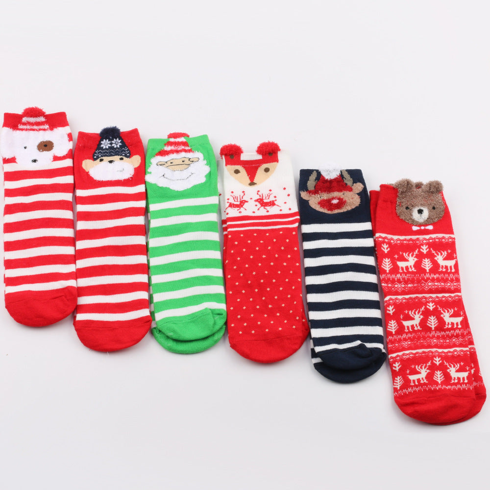 Christmas Cute Elk Bear Santa Claus Dog Striped Polka Dot Tube Socks 6Pairs