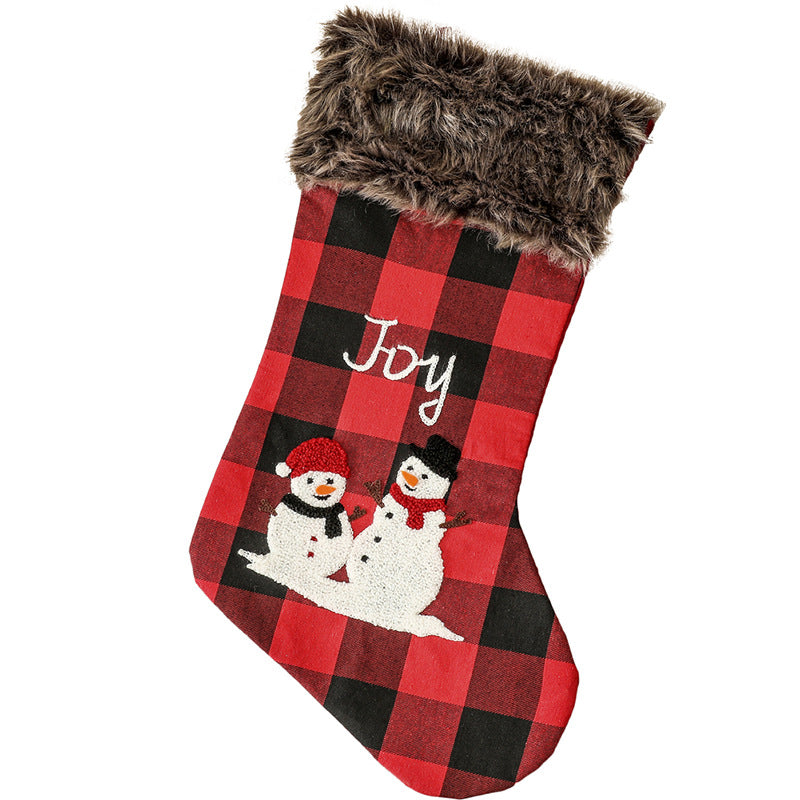 Christmas Decorations Letter Pattern Embroidered Red and Black Plaid Christmas Socks Gift Bag