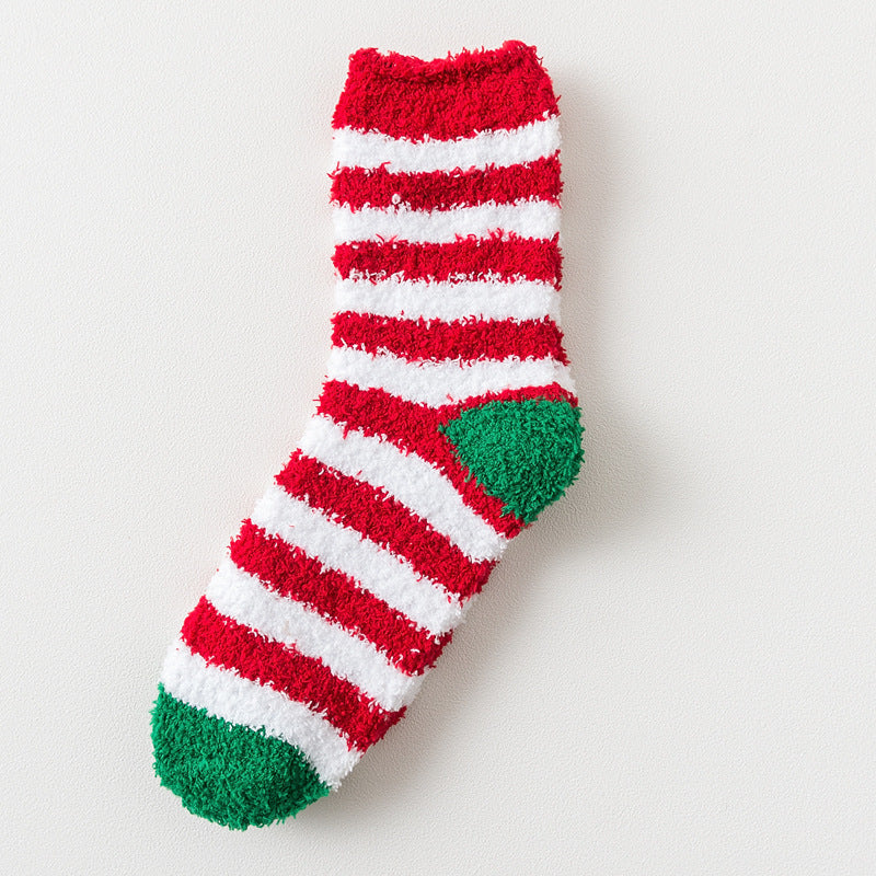 Elk Santa Snowman Snowflake Tree Striped Belt Print Christmas Socks Fall Winter Ladies Thick Coral Velvet Socks 2 Pairs