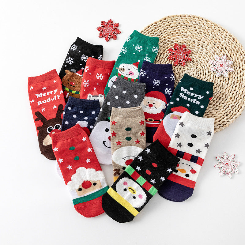 Christmas Ladies Cartoon Elk Santa Snowman Polar Bear Snowflake Polka Dot Cotton Socks 4 Pairs
