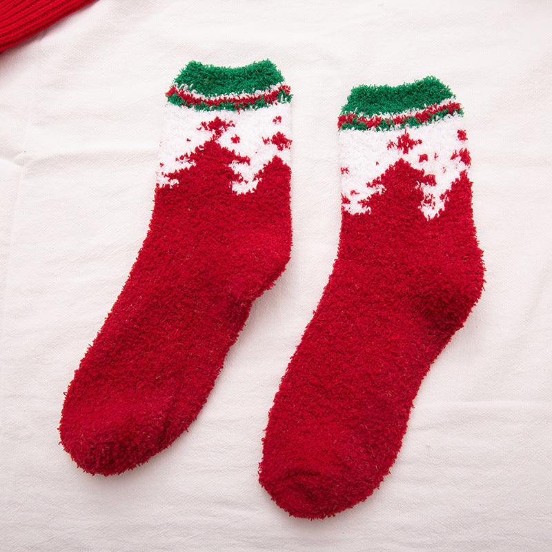 Elk Santa Snowman Snowflake Tree Striped Belt Print Christmas Socks Fall Winter Ladies Thick Coral Velvet Socks 2 Pairs