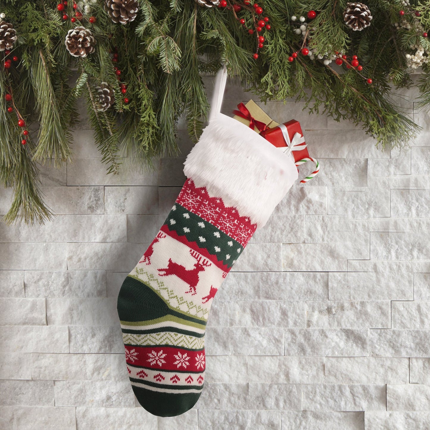 Christmas Tree Ornaments Allover Printed Knitted Christmas Stocking Candy Bag Wall Decoration